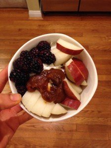 Greek Yogurt topped with a chopped apple, some blackberries, and some sweet potato butter (SO GOOD OMG)